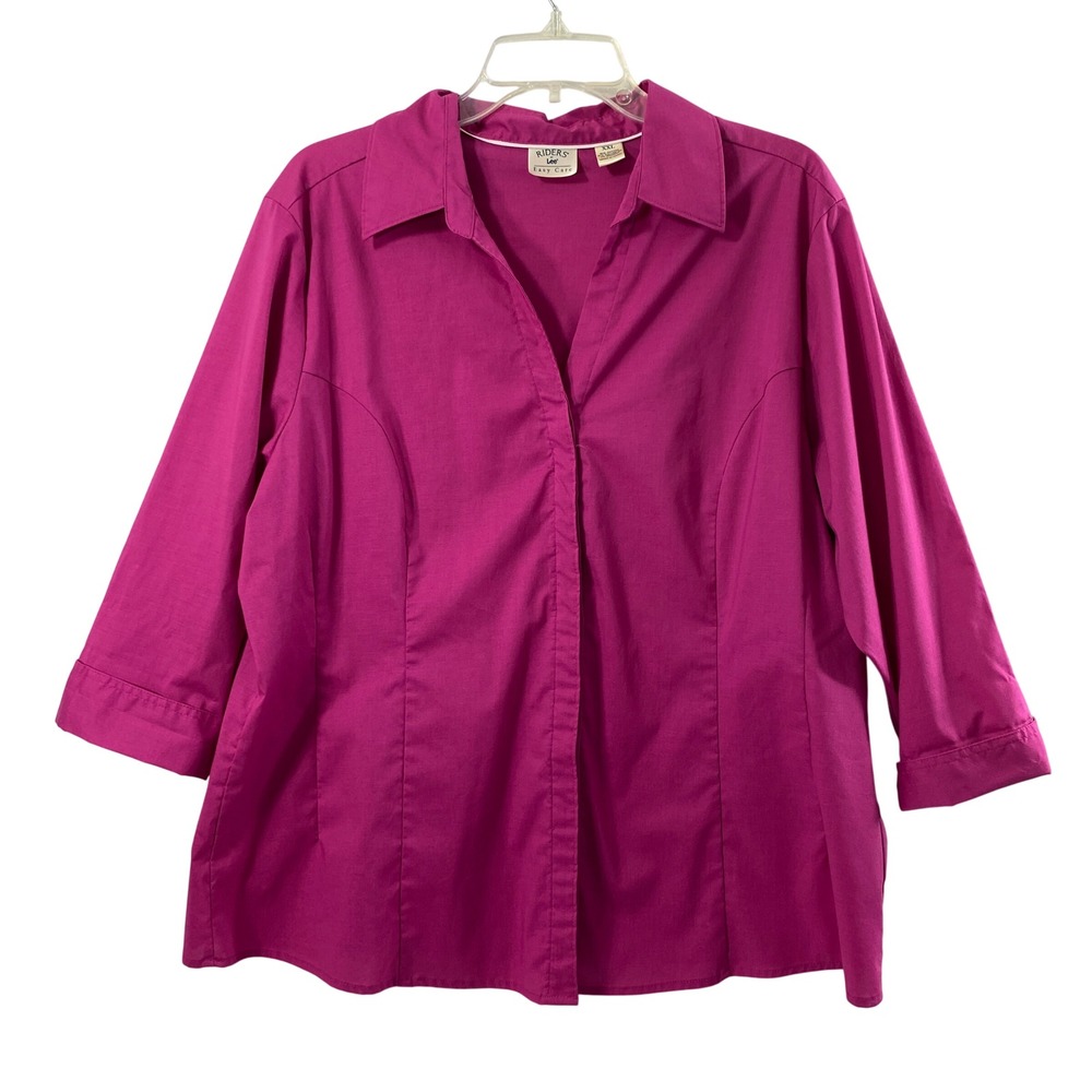 Riders by Lee Shirt Womens XXL Pink Easy Care 3/4 Sleeve Blouse Magenta Preppy